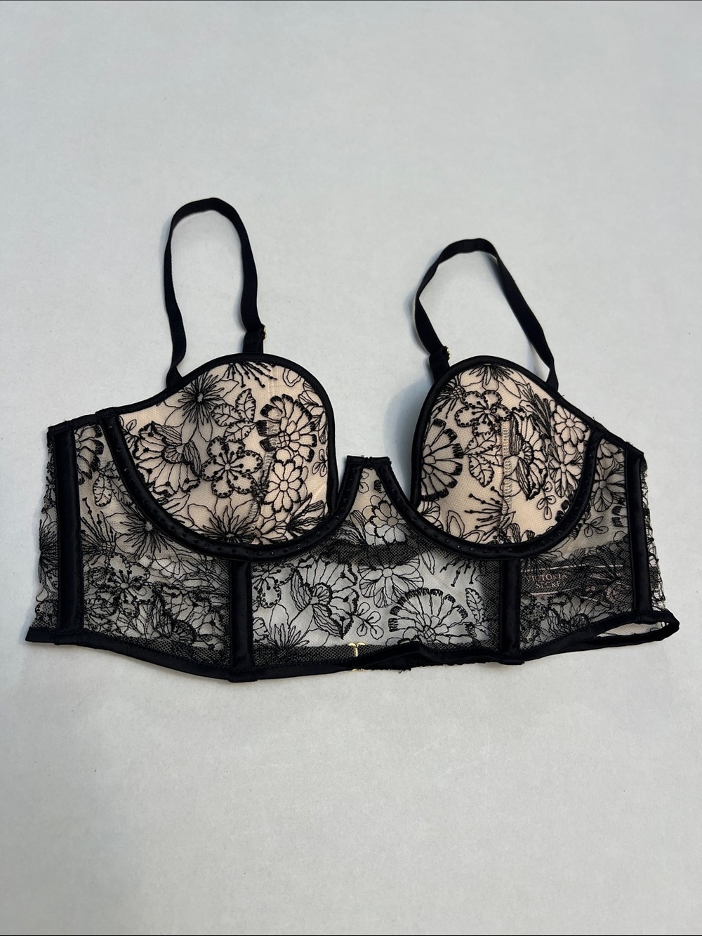 VICTORIA’S SECRET BLACK BRA FLORAL EMBROIDERED BUSTIER LUXE LINGERIE CORSET 34B